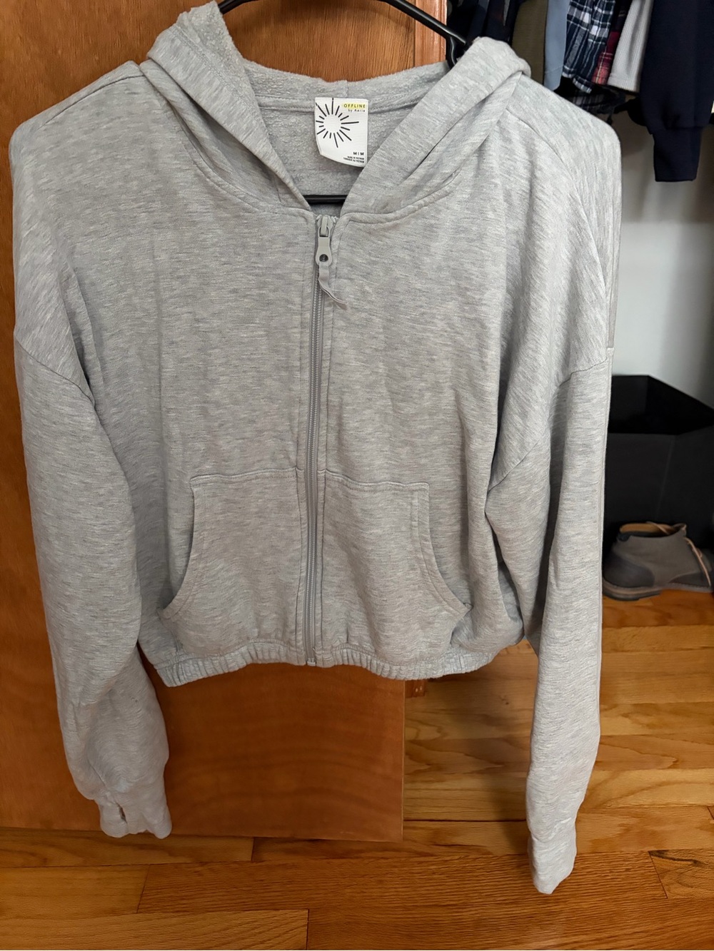 Aerie Light Gray Cropped Zip Hoodie with Hood